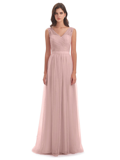 Mila Floor Length V-Neck Tulle Bridesmaid Dresses