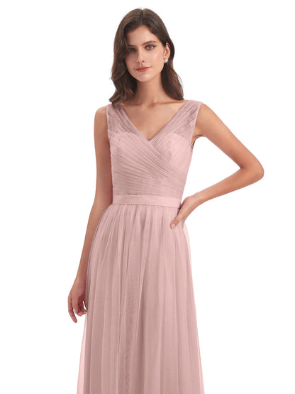 Mila Floor Length V-Neck Tulle Bridesmaid Dresses
