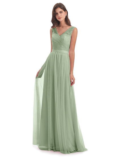 Mila Floor Length V-Neck Tulle Bridesmaid Dresses