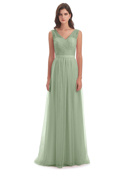Mila Floor Length V-Neck Tulle Bridesmaid Dresses