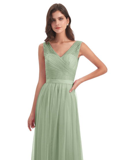 Mila Floor Length V-Neck Tulle Bridesmaid Dresses