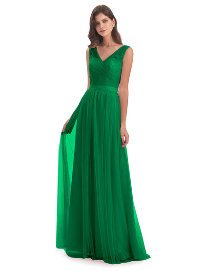 Mila Floor Length V-Neck Tulle Bridesmaid Dresses