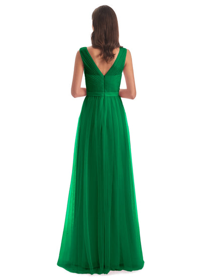 Mila Floor Length V-Neck Tulle Bridesmaid Dresses