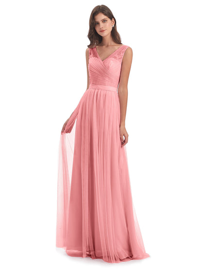 Mila Floor Length V-Neck Tulle Bridesmaid Dresses