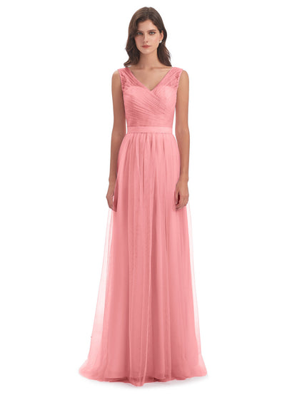 Mila Floor Length V-Neck Tulle Bridesmaid Dresses