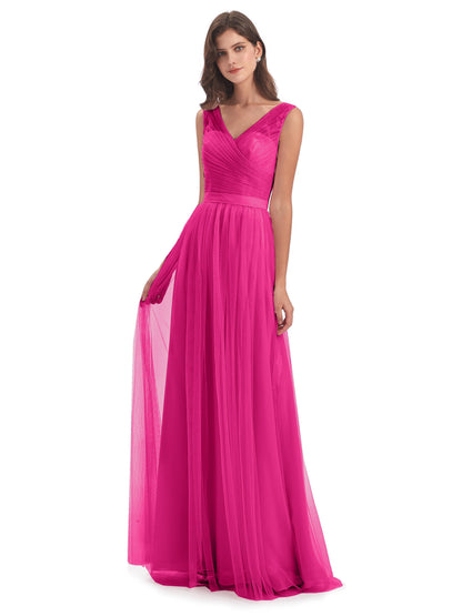 Mila Floor Length V-Neck Tulle Bridesmaid Dresses