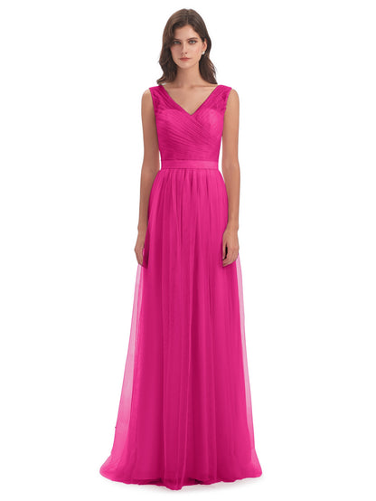 Mila Floor Length V-Neck Tulle Bridesmaid Dresses