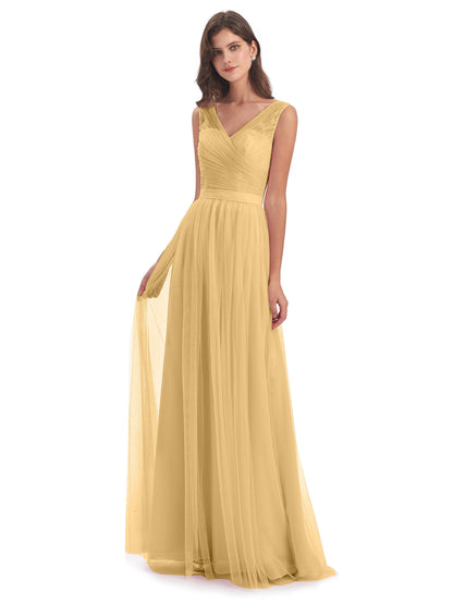Mila Floor Length V-Neck Tulle Bridesmaid Dresses