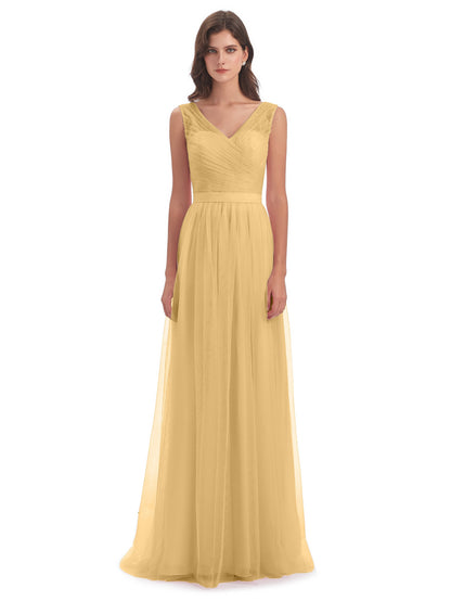 Mila Floor Length V-Neck Tulle Bridesmaid Dresses