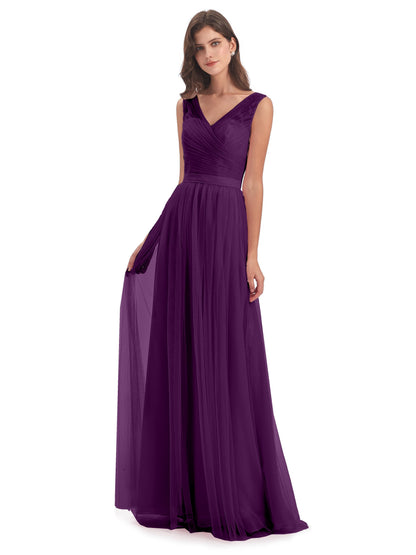 Mila Floor Length V-Neck Tulle Bridesmaid Dresses