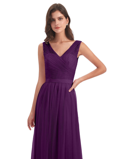 Mila Floor Length V-Neck Tulle Bridesmaid Dresses