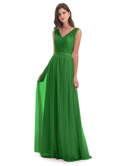 Mila Floor Length V-Neck Tulle Bridesmaid Dresses