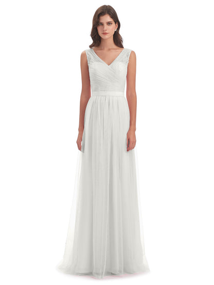 Mila Floor Length V-Neck Tulle Bridesmaid Dresses