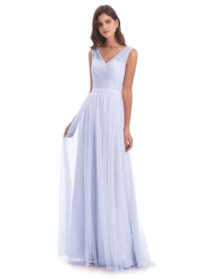 Mila Floor Length V-Neck Tulle Bridesmaid Dresses