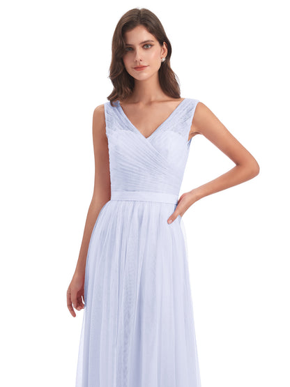 Mila Floor Length V-Neck Tulle Bridesmaid Dresses