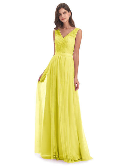 Mila Floor Length V-Neck Tulle Bridesmaid Dresses