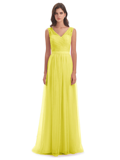Mila Floor Length V-Neck Tulle Bridesmaid Dresses