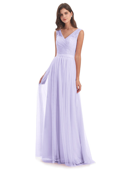 Mila Floor Length V-Neck Tulle Bridesmaid Dresses