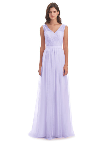 Mila Floor Length V-Neck Tulle Bridesmaid Dresses