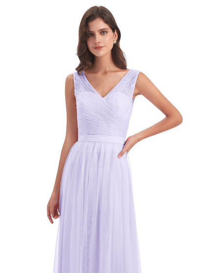 Mila Floor Length V-Neck Tulle Bridesmaid Dresses