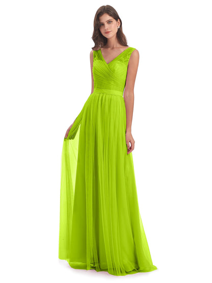 Mila Floor Length V-Neck Tulle Bridesmaid Dresses