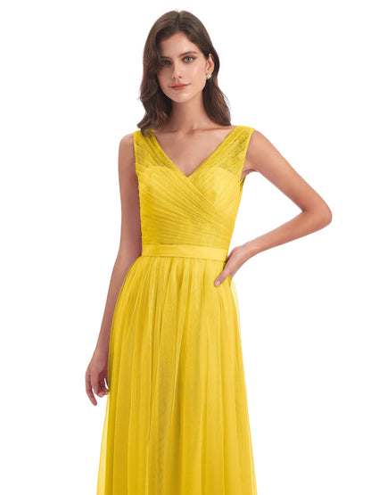Mila Floor Length V-Neck Tulle Bridesmaid Dresses