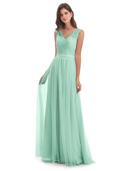Mila Floor Length V-Neck Tulle Bridesmaid Dresses