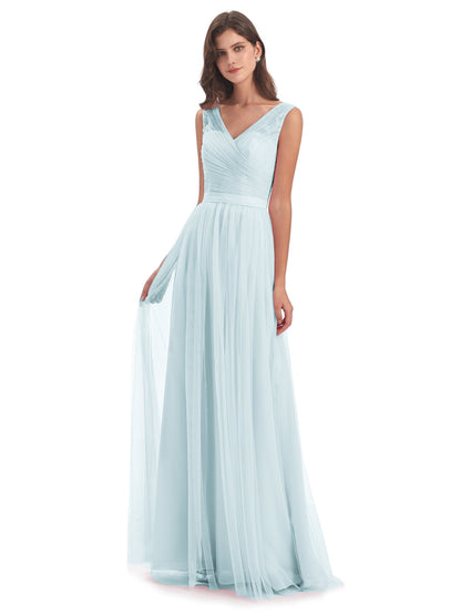 Mila Floor Length V-Neck Tulle Bridesmaid Dresses