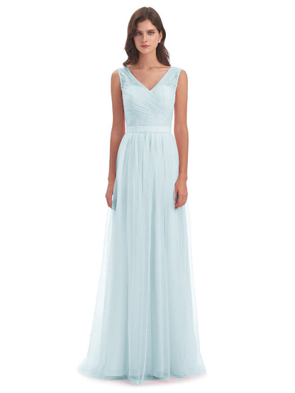Mila Floor Length V-Neck Tulle Bridesmaid Dresses