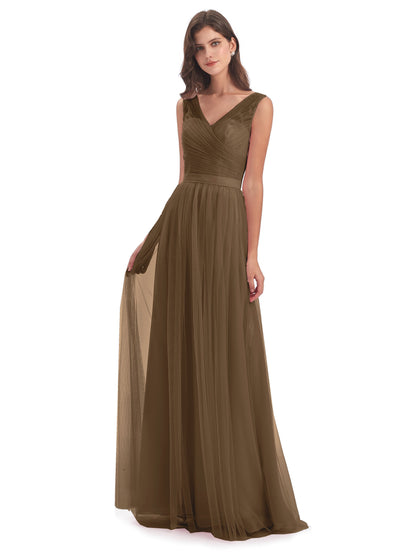 Mila Floor Length V-Neck Tulle Bridesmaid Dresses