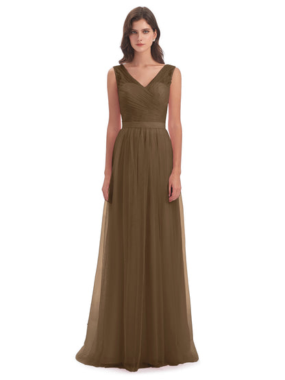 Mila Floor Length V-Neck Tulle Bridesmaid Dresses