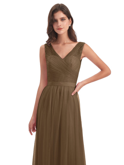 Mila Floor Length V-Neck Tulle Bridesmaid Dresses