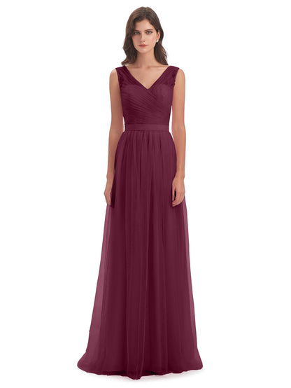 Mila Floor Length V-Neck Tulle Bridesmaid Dresses