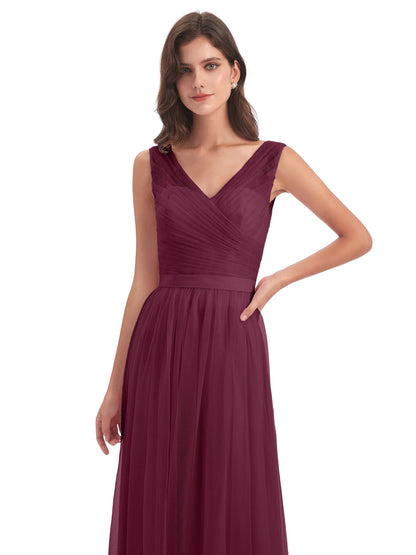 Mila Floor Length V-Neck Tulle Bridesmaid Dresses