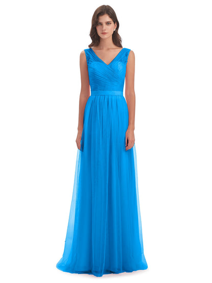 Mila Floor Length V-Neck Tulle Bridesmaid Dresses