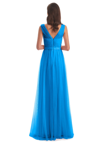 Mila Floor Length V-Neck Tulle Bridesmaid Dresses