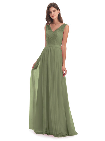 Mila Floor Length V-Neck Tulle Bridesmaid Dresses