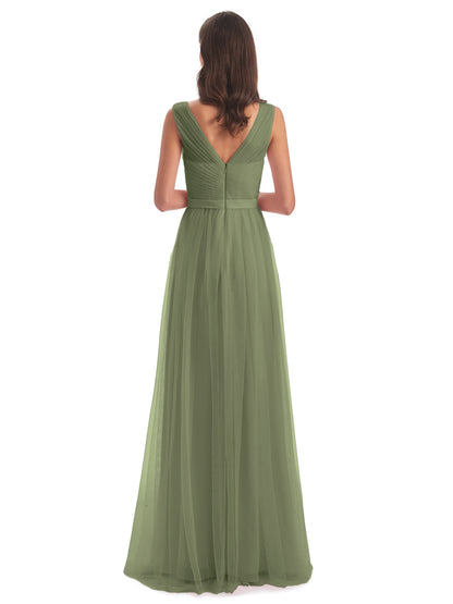 Mila Floor Length V-Neck Tulle Bridesmaid Dresses