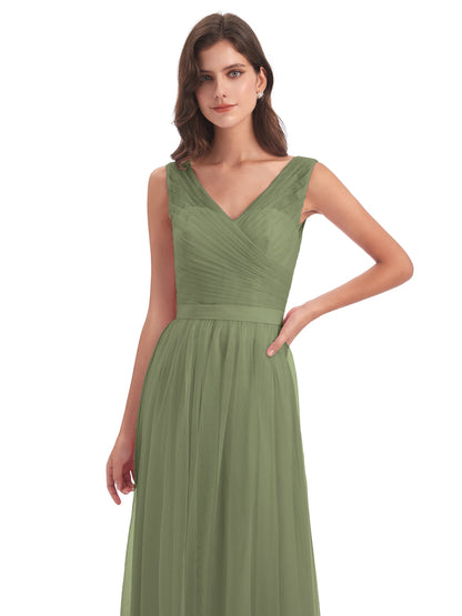 Mila Floor Length V-Neck Tulle Bridesmaid Dresses