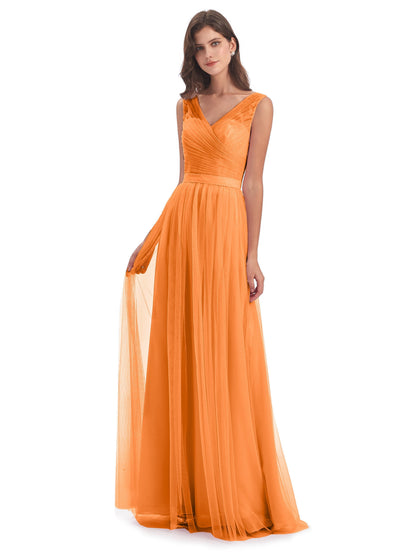 Mila Floor Length V-Neck Tulle Bridesmaid Dresses