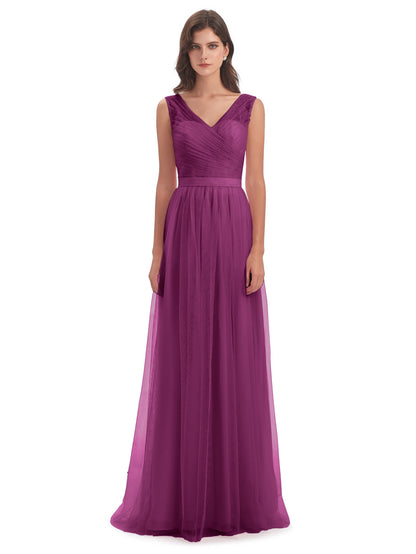 Mila Floor Length V-Neck Tulle Bridesmaid Dresses