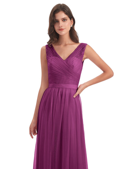 Mila Floor Length V-Neck Tulle Bridesmaid Dresses