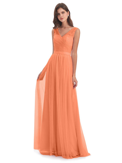 Mila Floor Length V-Neck Tulle Bridesmaid Dresses