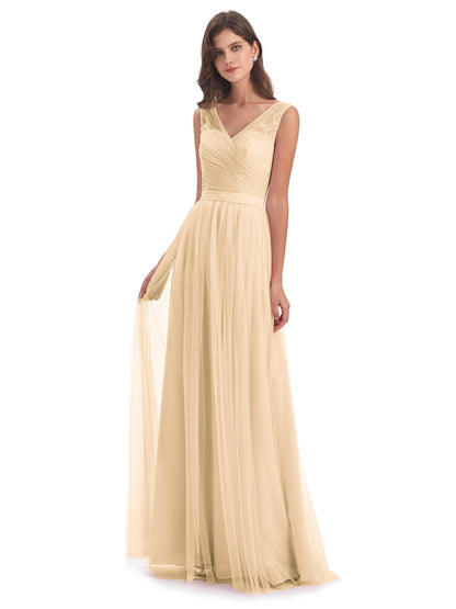 Mila Floor Length V-Neck Tulle Bridesmaid Dresses