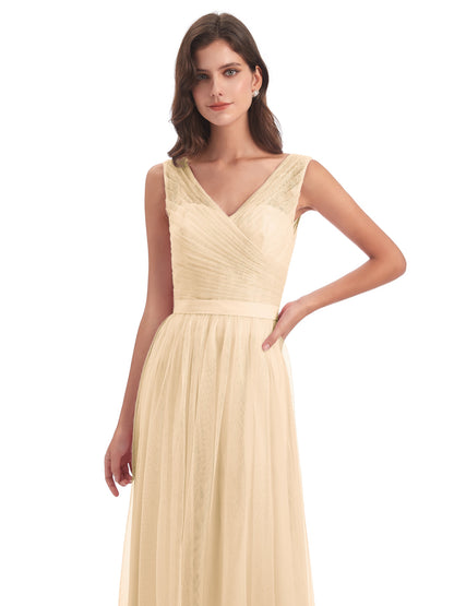 Mila Floor Length V-Neck Tulle Bridesmaid Dresses