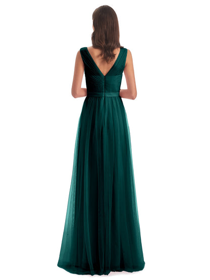 Mila Floor Length V-Neck Tulle Bridesmaid Dresses