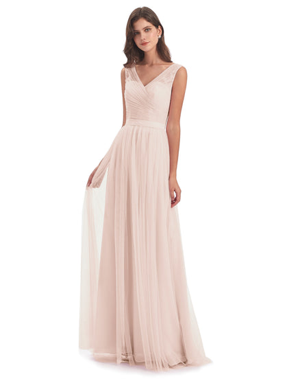 Mila Floor Length V-Neck Tulle Bridesmaid Dresses