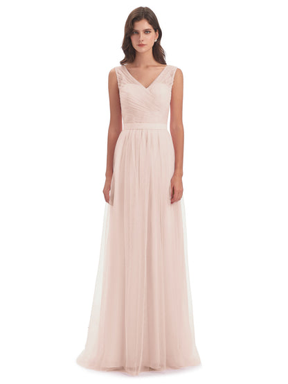 Mila Floor Length V-Neck Tulle Bridesmaid Dresses