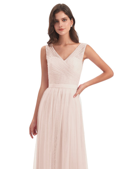Mila Floor Length V-Neck Tulle Bridesmaid Dresses