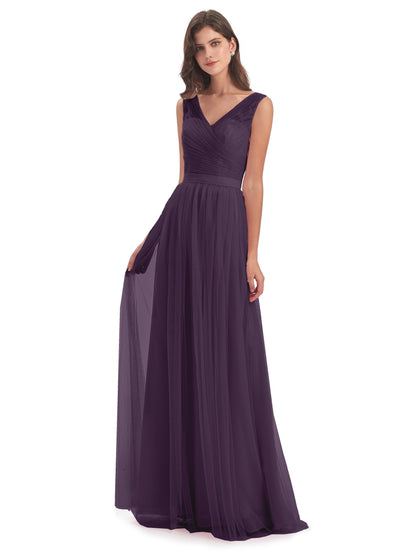 Mila Floor Length V-Neck Tulle Bridesmaid Dresses